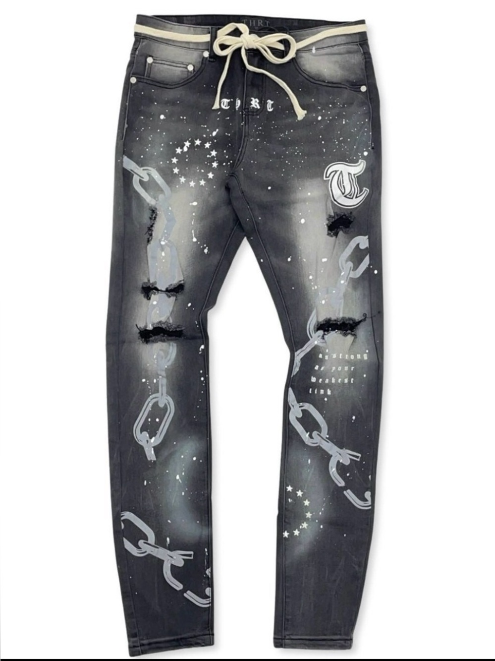 THRT Slim,Wash Black Graphic Chain-Print And Drawstring Ties Distressed Jeans